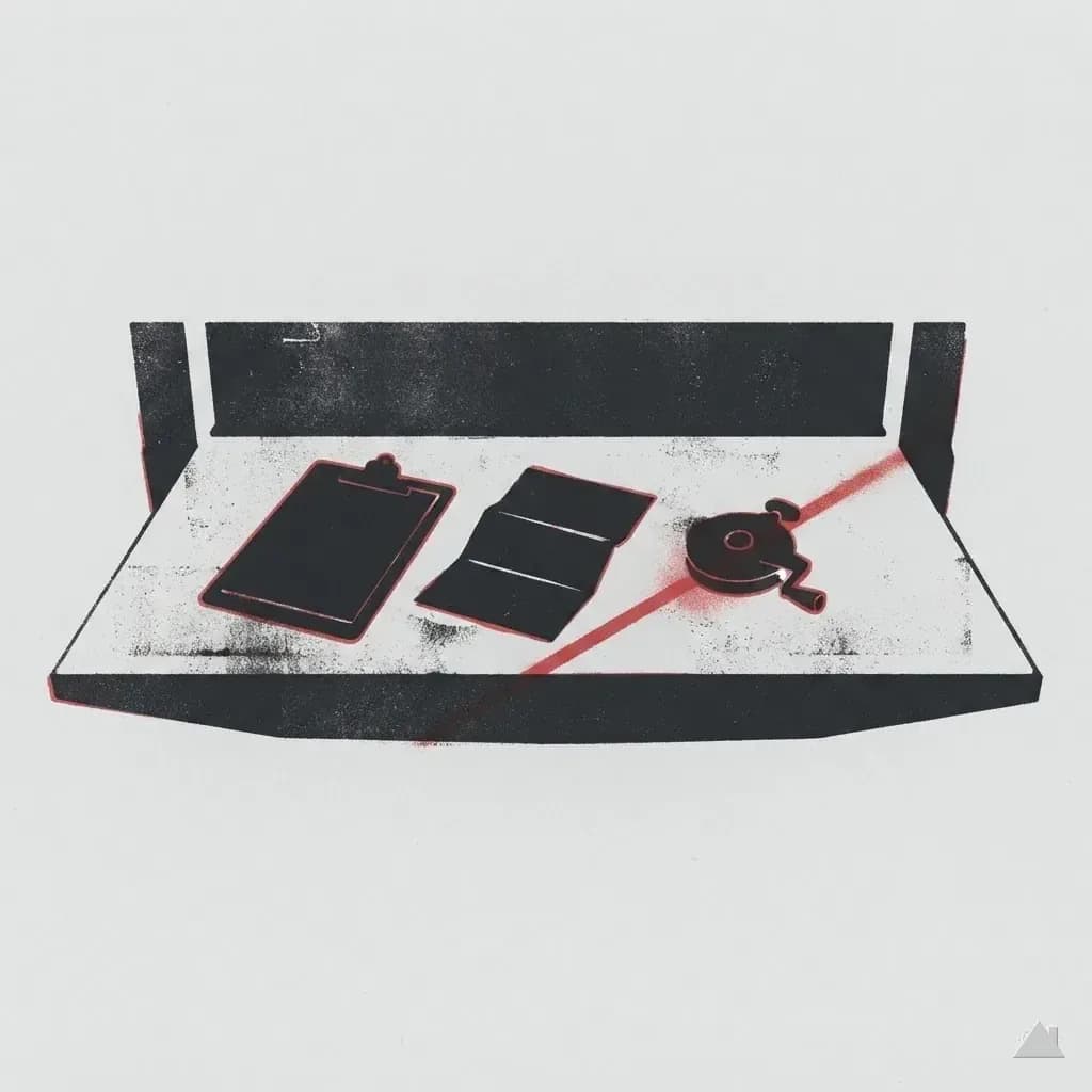 Two-colour print of paperwork and a chalk reel on a tailgate