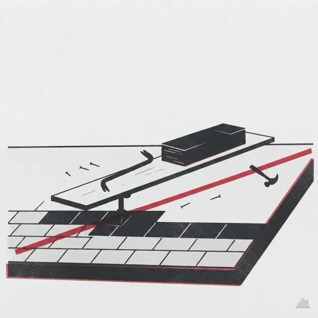 Two-colour print of repair tools on a staging plank