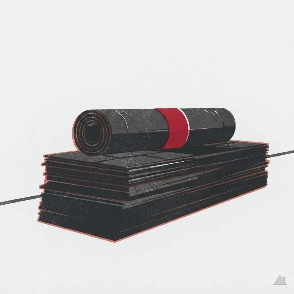Two-colour print of shingle bundles and an underlayment roll